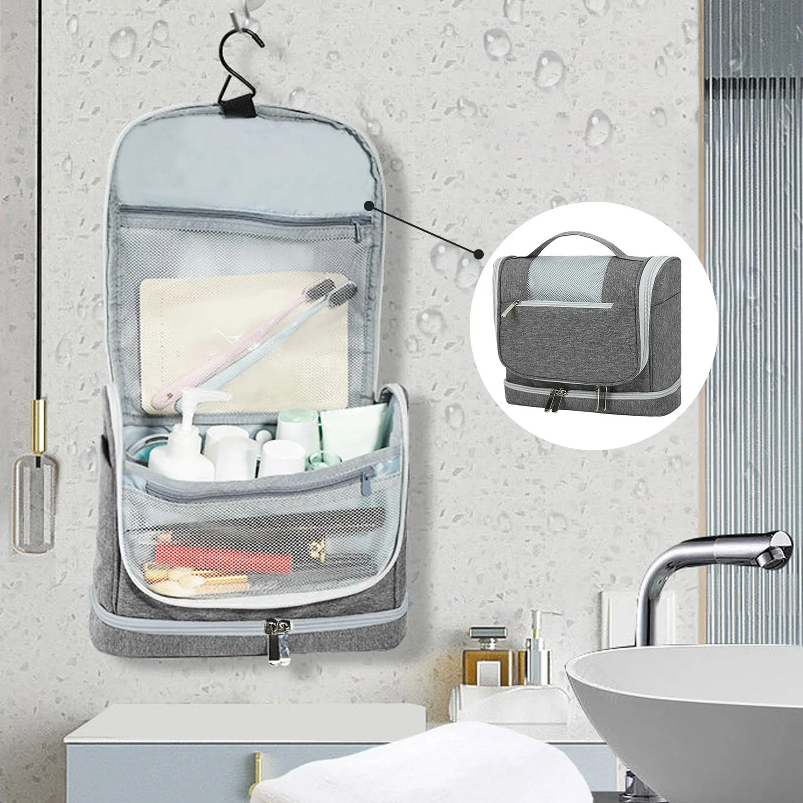 

Multi Grid Layered Bathroom Storage Bag Wet And Dry Separation Hangable Water Proofing Toiletry Makeup Storage for Comforters