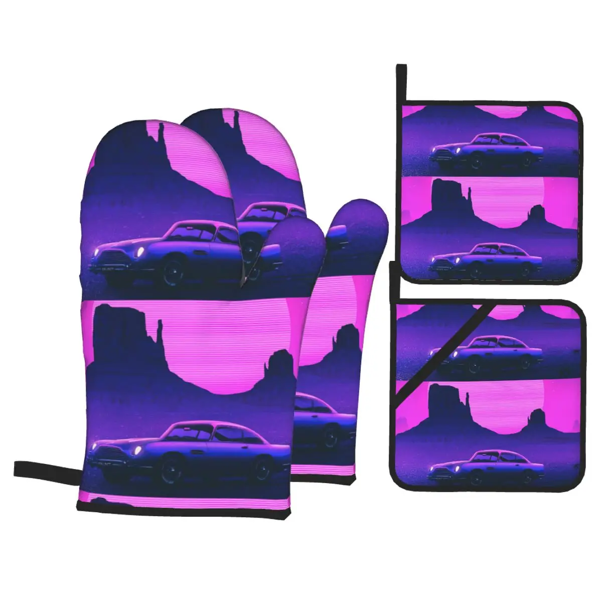 

4pcs Oven Mitts Polyester Baking Insulation Gloves Retro Car Microwave Heat Resistant Kitchen Gloves Oven Potholder Pad