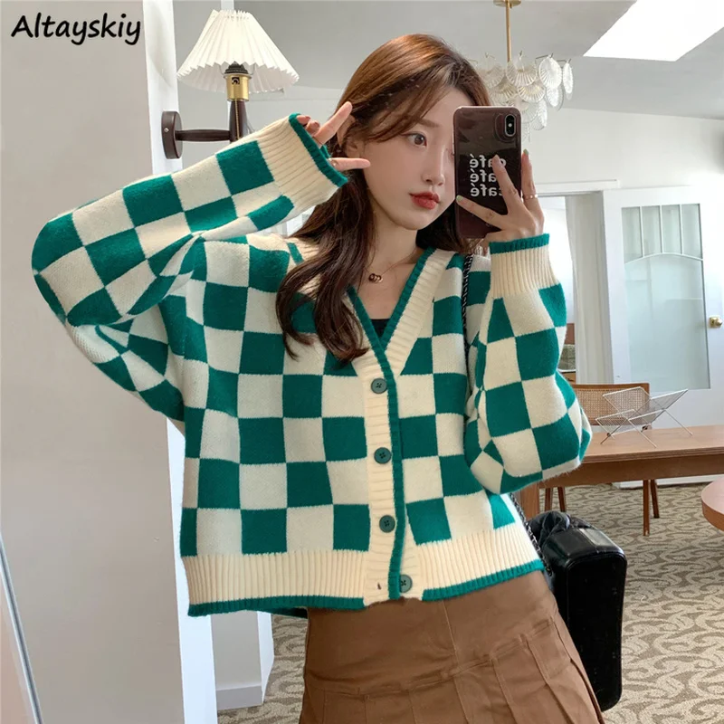 

Chessboard Cardigans Women Classic Sweet New V-neck Retro Long Sleeve Females Gentle Streetwear Chic All-match Sweaters Outwear