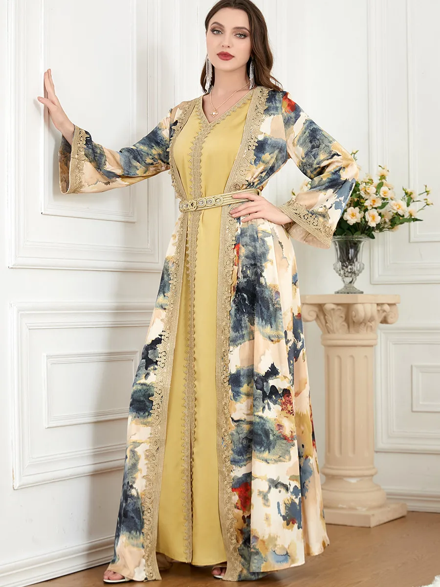 Moroccan Caftan Woman Jalabiya Abaya Muslim Dubai Ladies Luxury Clothing Prom Kaftans 2 Piece Suit Islamic Long Dresses 2023