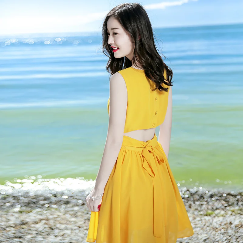 

Summer yellow dress sleeveless fairy skirt chiffon dress bohemian beach holiday skirt