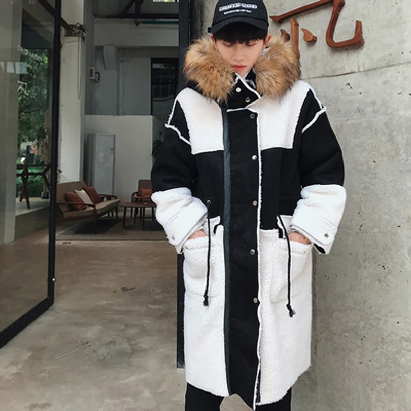 

Зимние замшевые куртки для мужчин, бархатная Толстая теплая свободная Корейская винтажная Лоскутная меховая мужская куртка с капюшоном, дл...