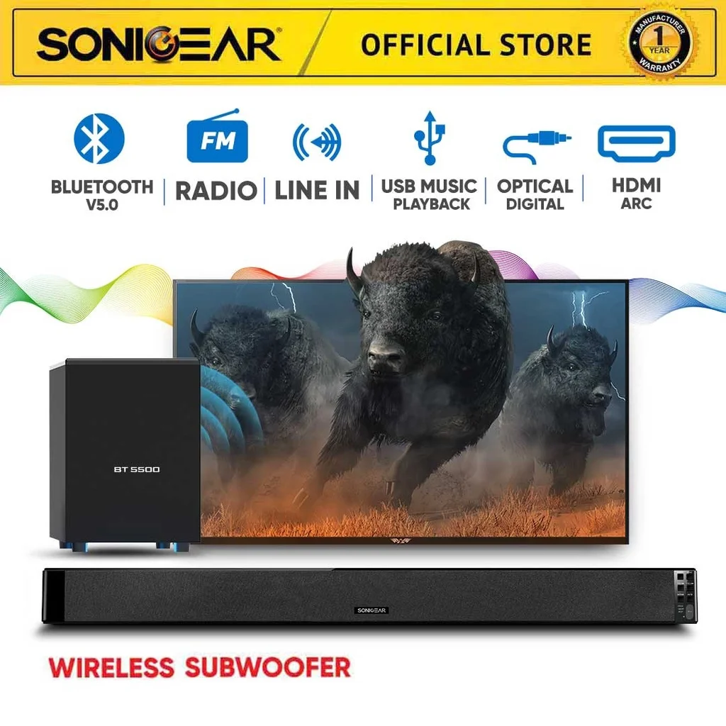 

NEW SonicGear BT5500 Bluetooth 5.0 SoundBar With Wireless Subwoofer TV Sound Bar