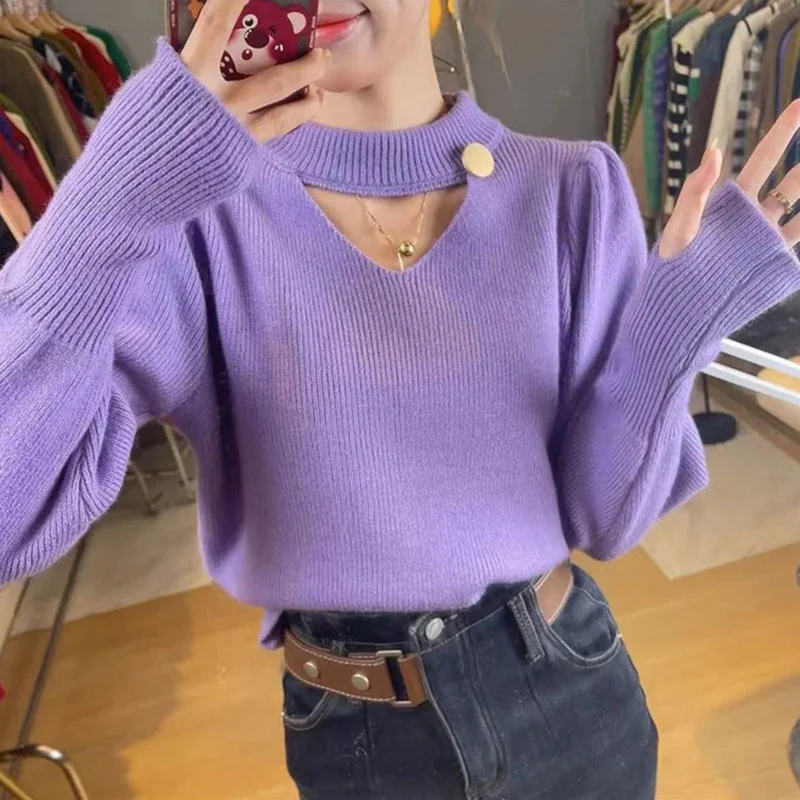 

Korean Half Turtleneck Sexy Hollow Out Chic Button Decoration Slim Short Knitted Tops Long Sleeve Autumn Ladies Knitting Jumper