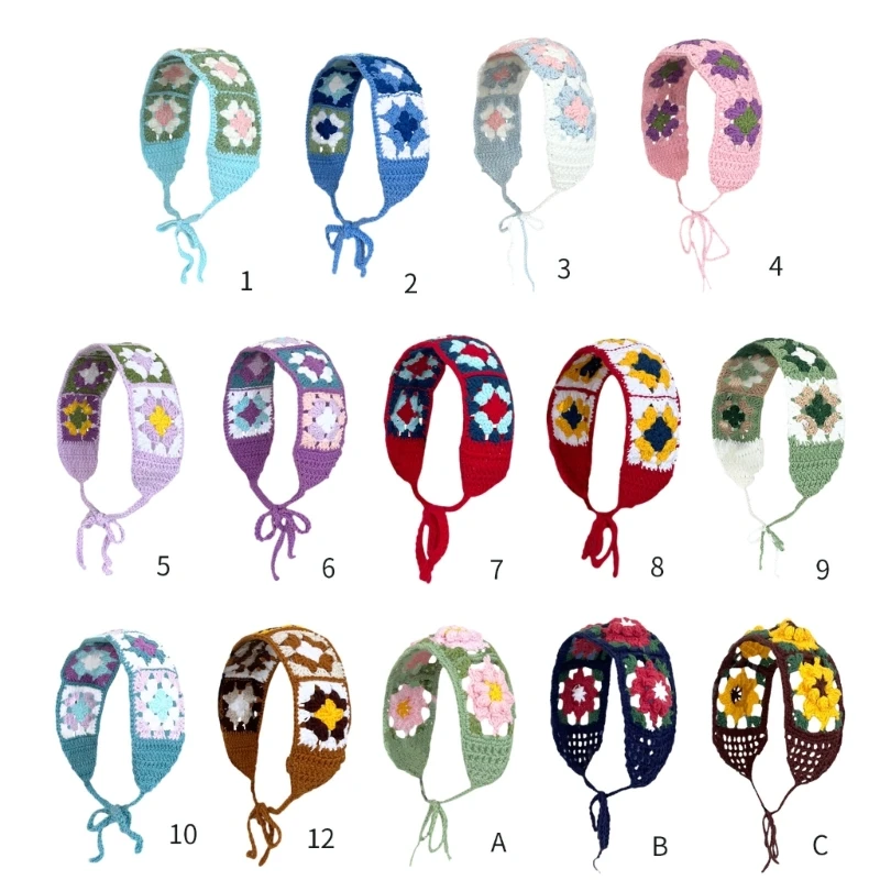 

Ethnic Style Flower Pattern Hair Kerchief Girls Crochet Headband Tie Back Turban