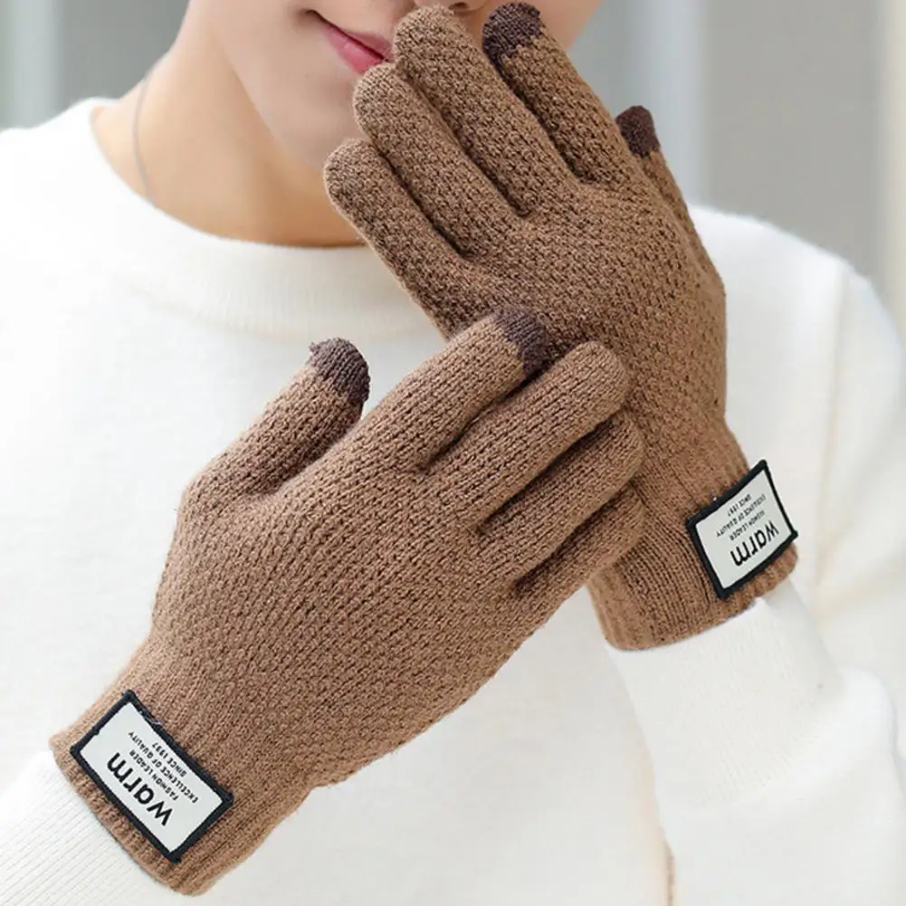 1 Pair Winter Gloves Knitted Touch Screen Stretchy Fleece Lining Thread Cuff Cold Resistant Thickened Thermal Soft Knit Winter G