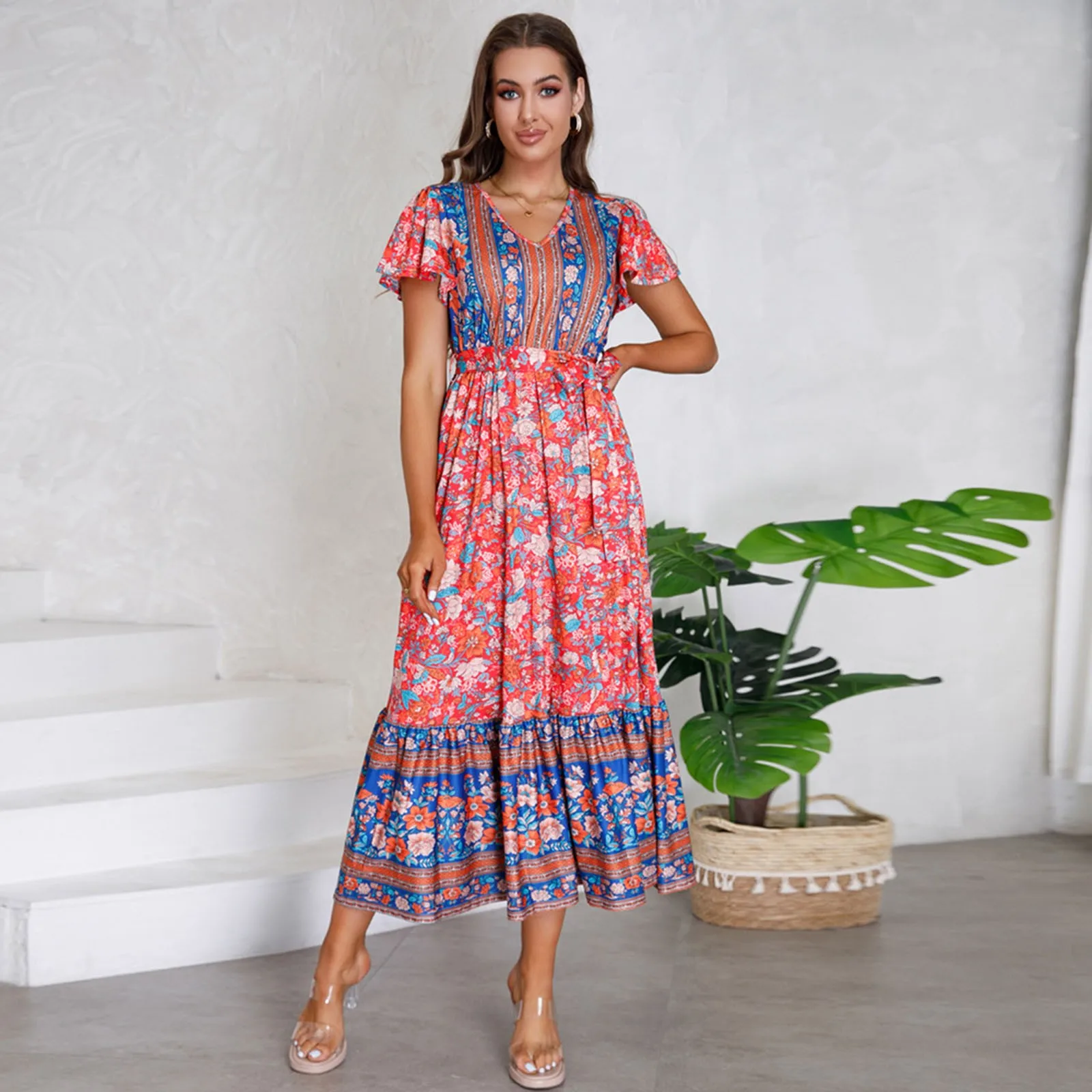 

Women Summer Long Dresses Boho Floral Print Slit Skirt Sexy V Neck Short Sleeve Female Casual Elegant Party Dress 2023 Vestidos
