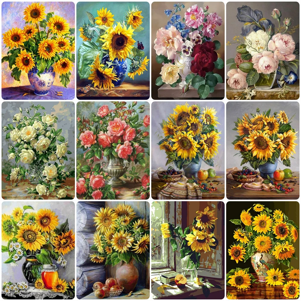 

HUACAN DIY Oil Painting By Numbers Flower Acrylic On Canvas Wall Art Picture By Numbers Sunflower For Living Room