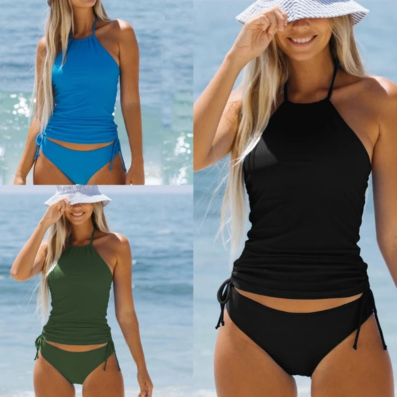 

Women 2 Piece Tankini Swimsuits with Bikini Bottom Solid Color Halter Swim Tank-Tops Bathing Suits Sexy Swimwear
