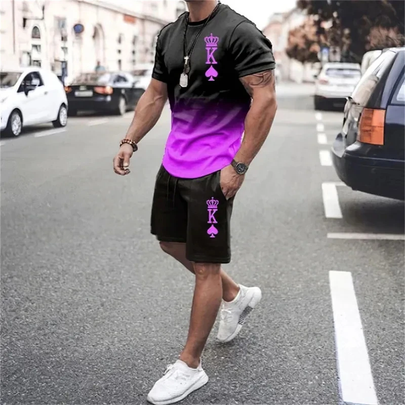 

King Crown Printed Fashion Short Sleeve T-shirt Men Set Two Piece Gradient Color T-shirts and Shorts Tracksuits Summer Suit