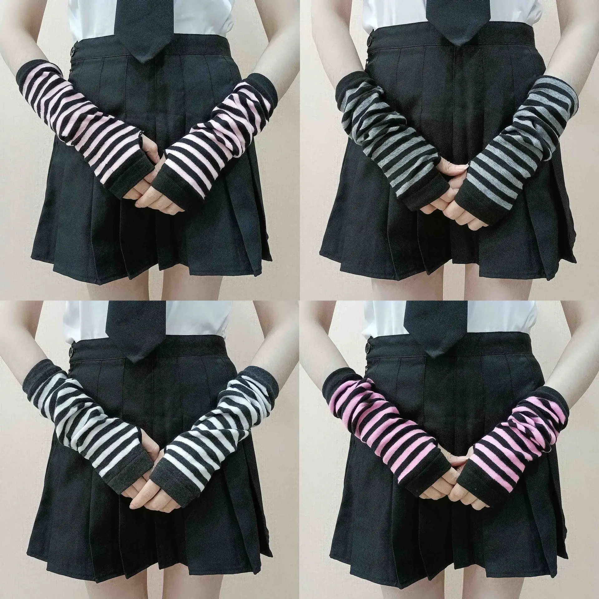 

Knitted Sleeves Harajuku Style Striped Arm Guards Warm Sun Protection Gloves Long Elbow Guard Men and Women Sheath To Cover Scar