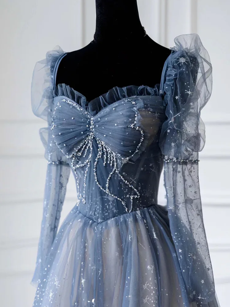 

Luxury Blue Long Evening Dress Women Transparent Long Sleeve Strapless Lace Up Formal Party Dresses Bling Tulle Prom Vestidos