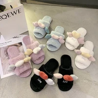 ladies thick bottom plush flip flops cotton mop household home cute indoor cotton slippers plush one word opening plush slippers