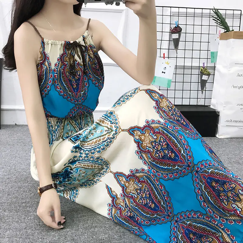 

Bohemian Sleeveless Print Dress Boho Summer Beach Dress Long Women Floral Chiffon Dresses Sundress Vintage French Style Dress