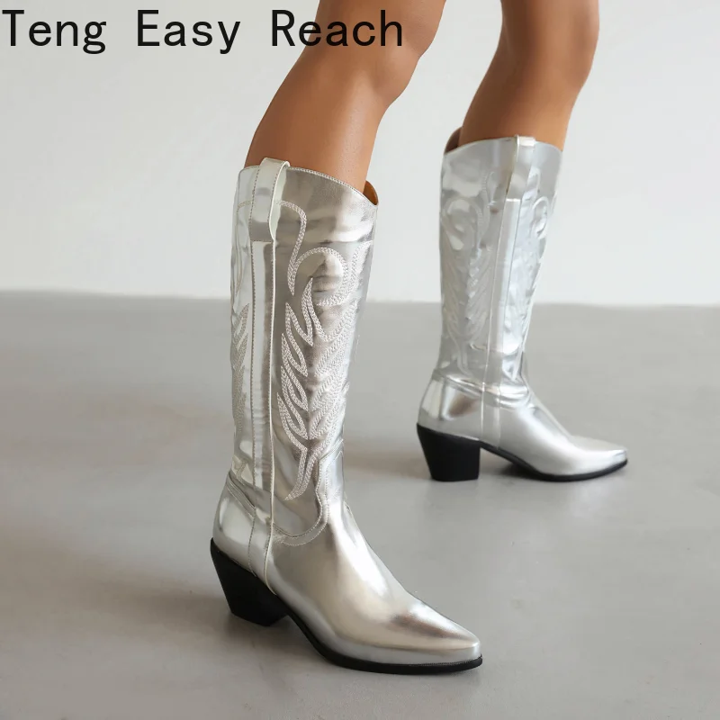 

Женские сапоги в западном стиле, высокие сапоги серебристого и черного цвета с острым носком, Сапоги До Колена Для Женщин, привлекательная Праздничная обувь на высоком каблуке, женские сапоги