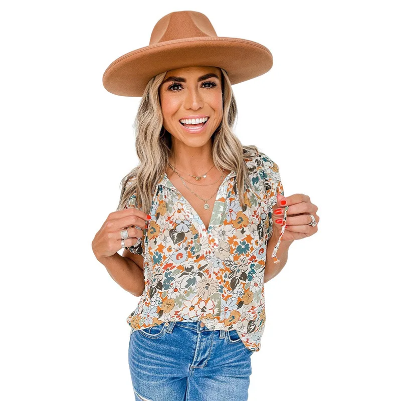 

Women's Blouses & Shirts Printed bubble sleeve chiffon shirt casual pullover