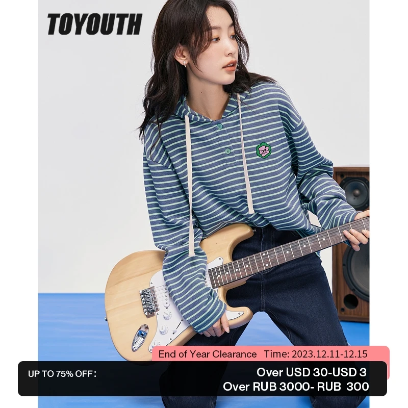 

Toyouth Women Sweatshirts 2022 Autumn Long Sleeve O Neck Button Stripes Hoodies Embroidery Pattern Casual Streetwear Pullover