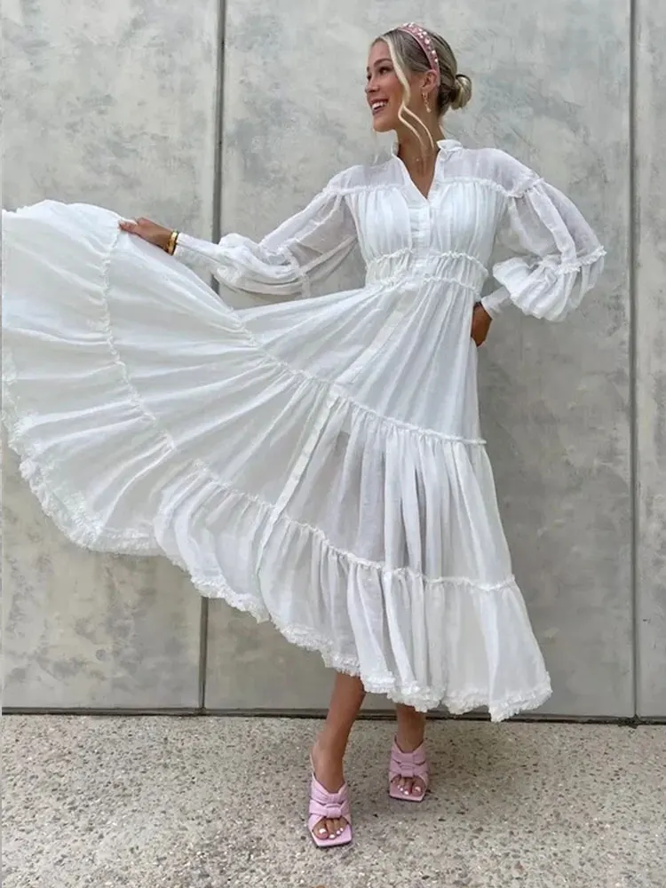 

Женское винтажное платье макси, элегантное милое белое однотонное платье средней длины с квадратным вырезом и рукавами-фонариками, модель ...