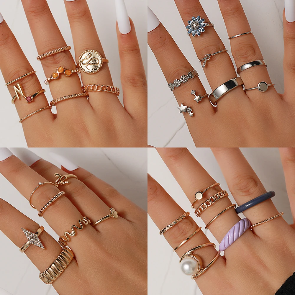 

Vintage Metal Rings Set for Women Girls Geometric Retro Multi Knuckle Joint CZ Finger Ring Sest Personality Acrylic Ring Jewelry