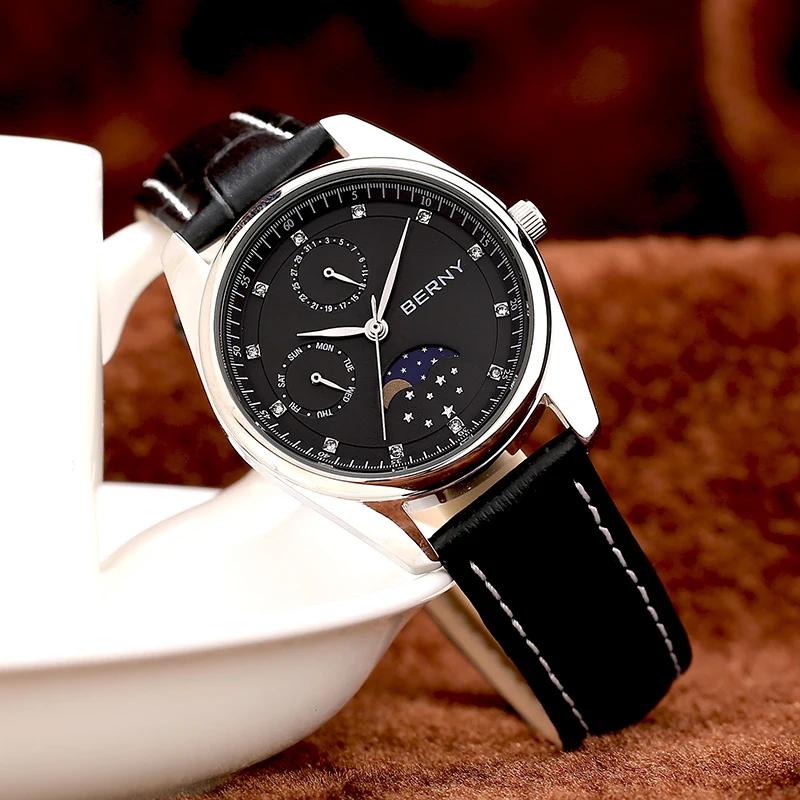 BERNY Gold MIYOTA Japan Quartz Wristwatch Moon Phase Couple Watch Day Date Genuine Leather Fashion Men Watch Calendar Waterproof