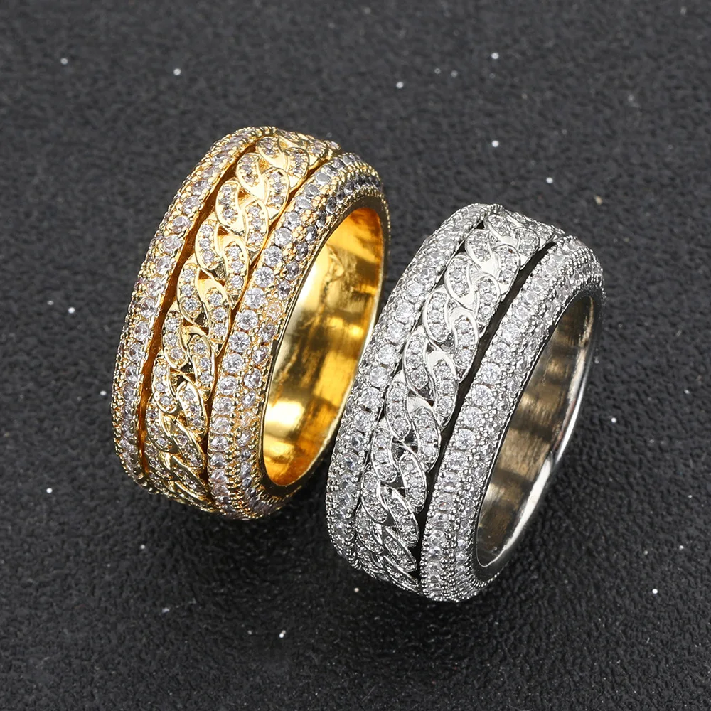 

European And American Hip-hop Copper Inlaid Zircon Rotatable Cuban Ring Real Gold Electroplating Hiphopring Ring Jewelry