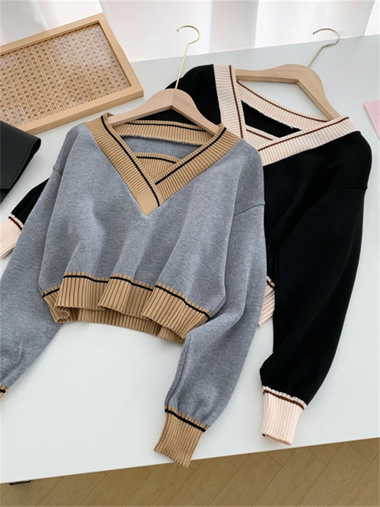 Fake Two-piece Loose V-neck Knitted Sweater Women's Spring New Retro Simple Style Design Long-sleeved Knit Pullover Female