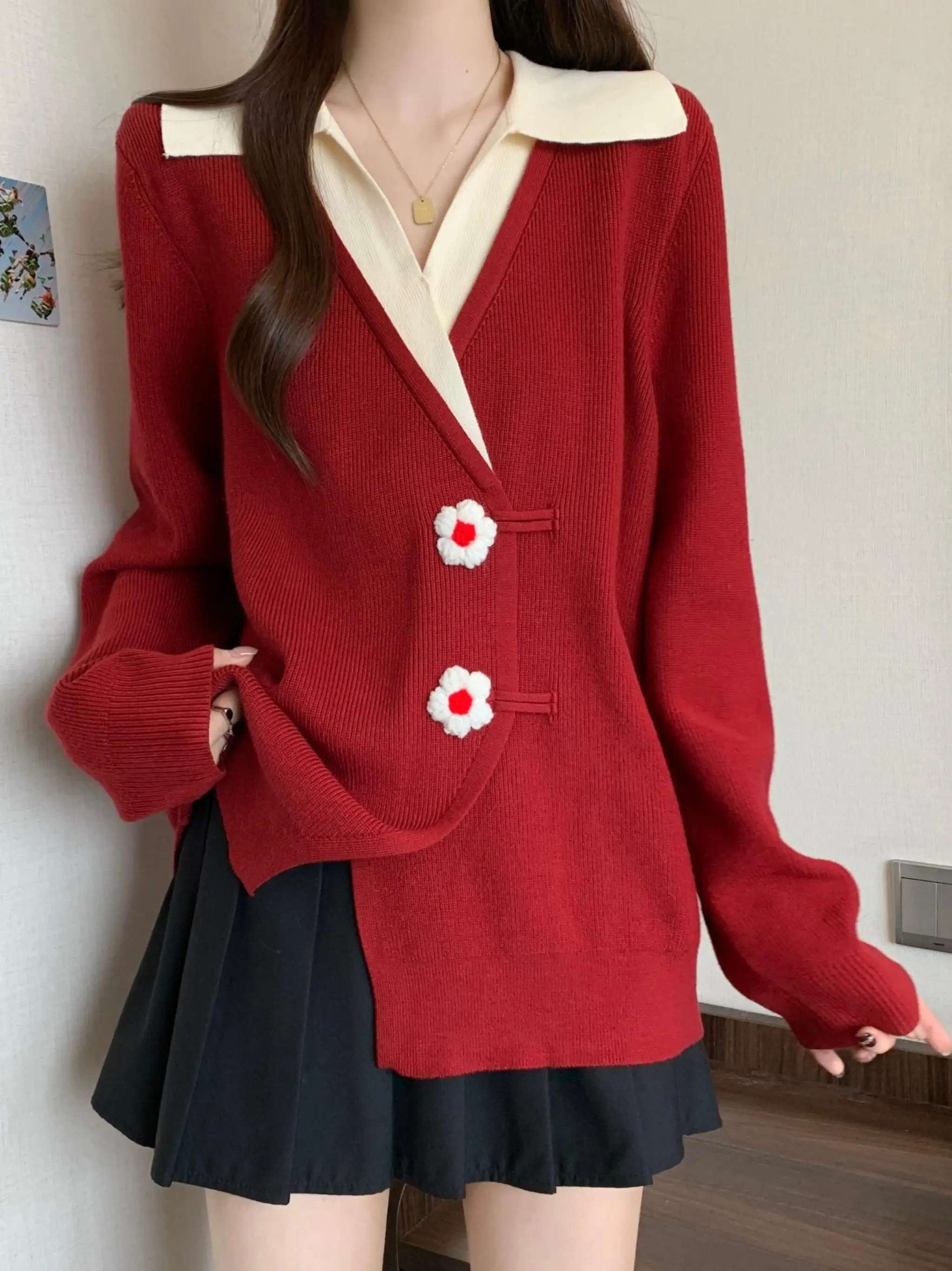 Plus size Angora Red Fake Two Pieces Lapel Shoulder Sweater Outerwear Chubby Girl Three-Dimensional Flower Irregular Knit...