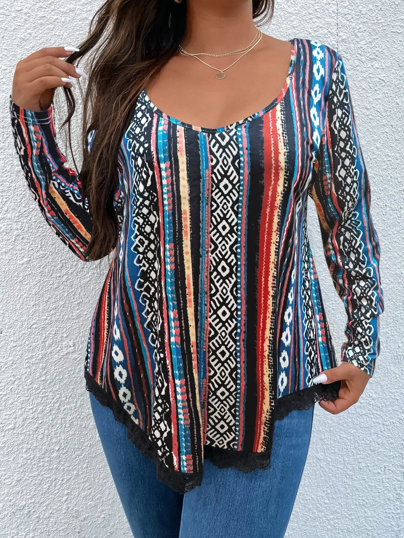 

Chubby Women's Plus Size 2023 Summer Fashion Tops O Neck Striped Lace Chic Elegant Blouses Long Sleeves 4xl Oversized Casual Top