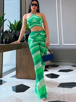 two piece set women print outfits sexy halter off shoulder crop tophigh waist slim flare pants 2022 summer lolita y2k clothes
