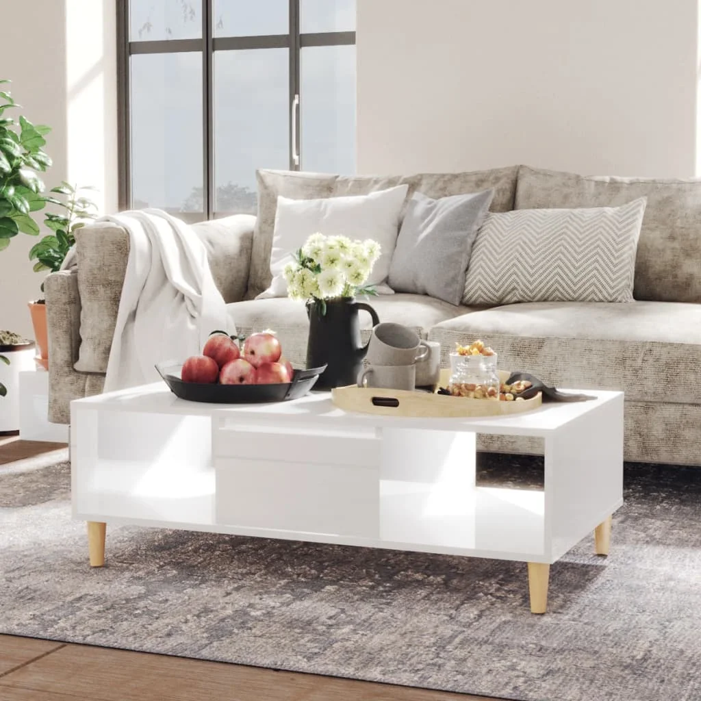 

Coffee Table with solid eucalyptus wood Legs, Chipboard Tea Table, Livingroom Furniture High Gloss White 103.5x60x35 cm