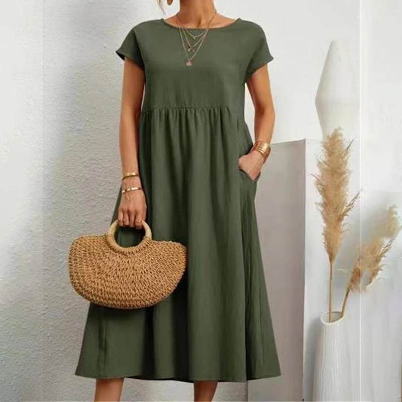 

Женское длинное платье с карманами, повседневное однотонное черное платье с коротким рукавом и круглым вырезом, свободного покроя, офисная ...