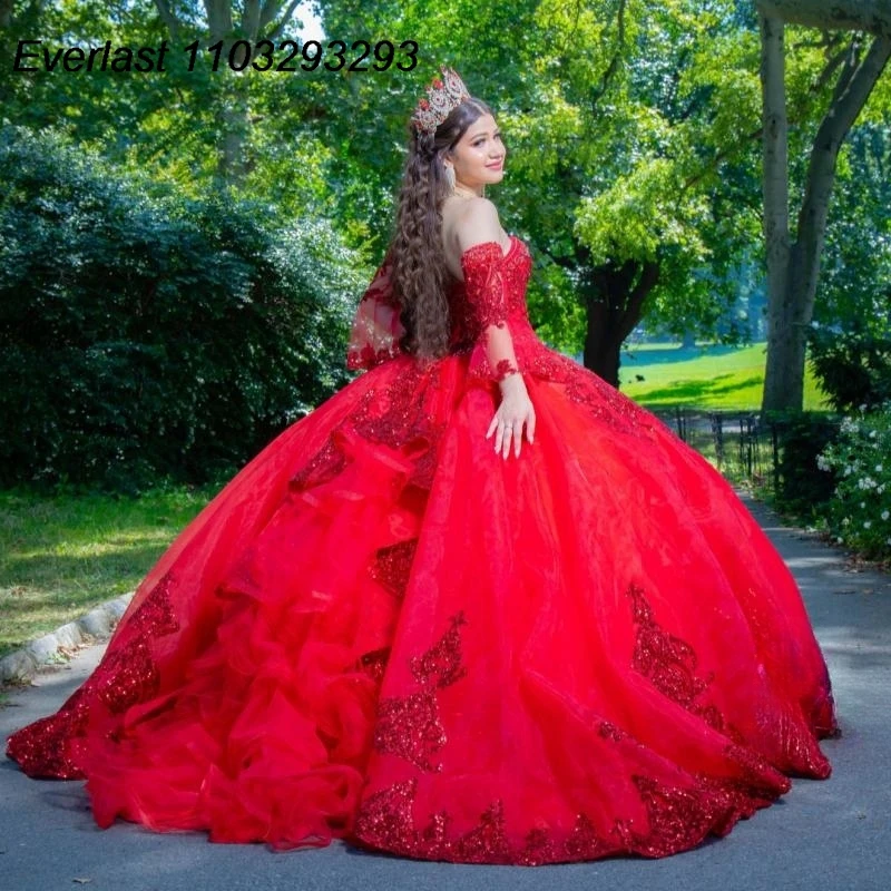 EVLAST индивидуальное красное платье Quinceanera с блестками бальное аппликация корсет