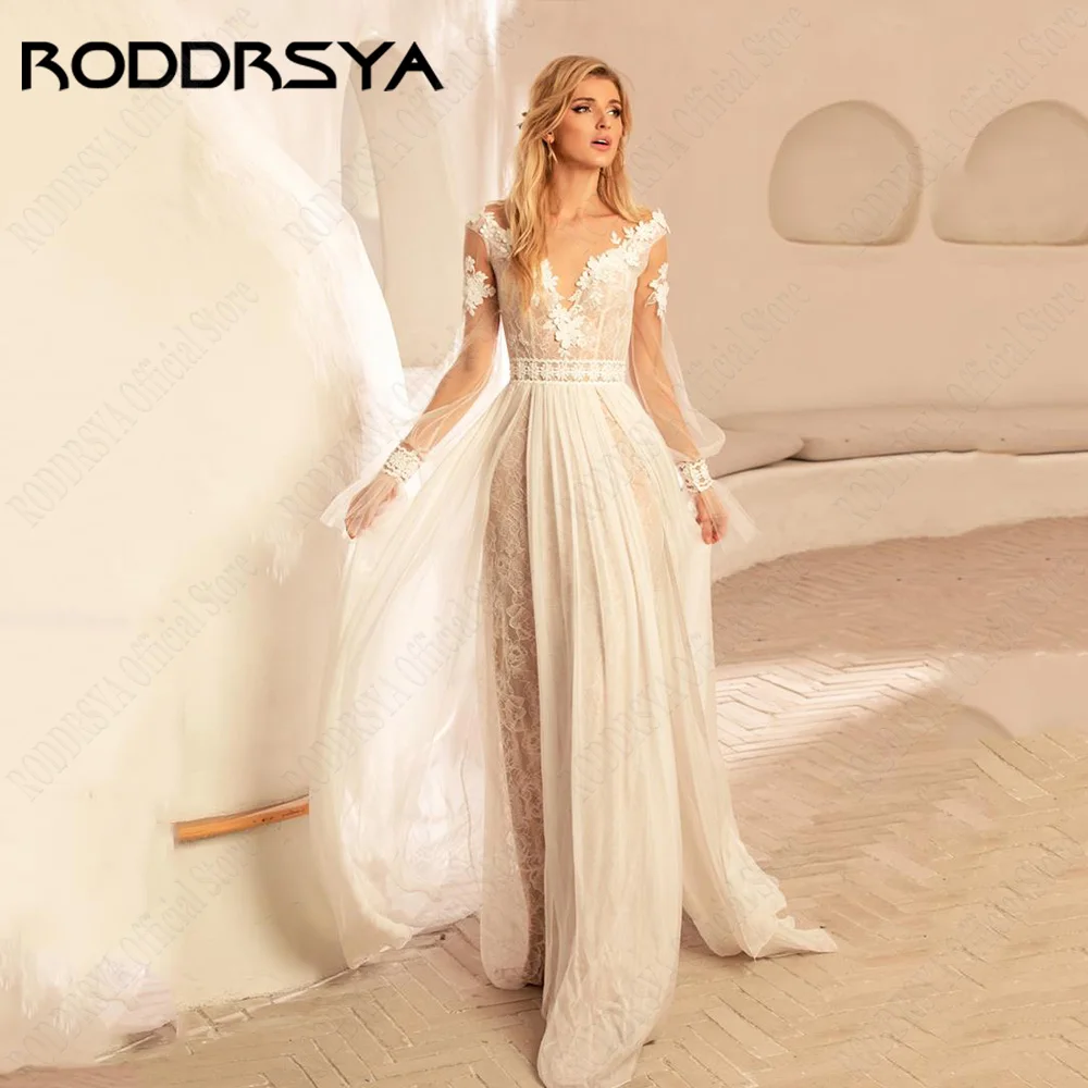 

RODDRSY Boho Wedding Dress 2024 Long Sleeves Scoop Applique Bride Gowns Elegant Lace A-Line Custom Made Tulle Abito da sposa
