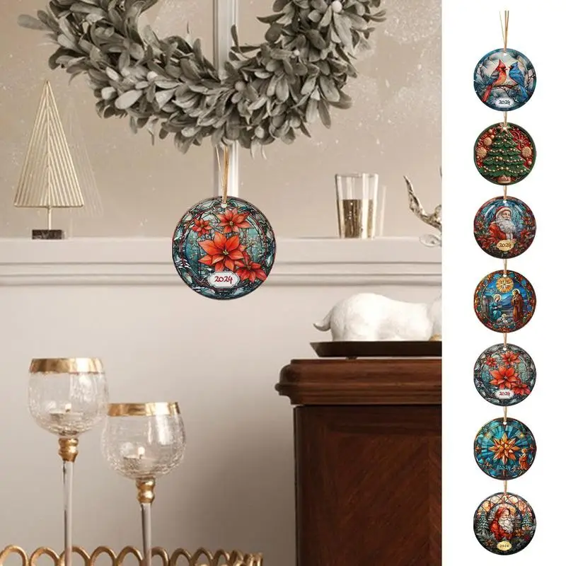 Рождественские елочные украшения акриловый витраж Санта-Клауса круглый