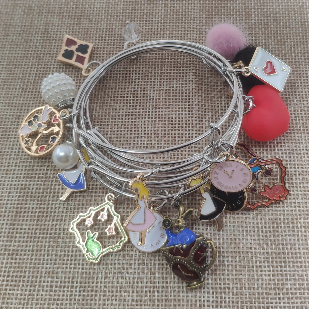 

5 In 1 Adjustable Alice in Wonderland Rabbit Clock Beads Style Oil Drip Charms Bangle Bracelets Cuff Classic Jewlery Gift