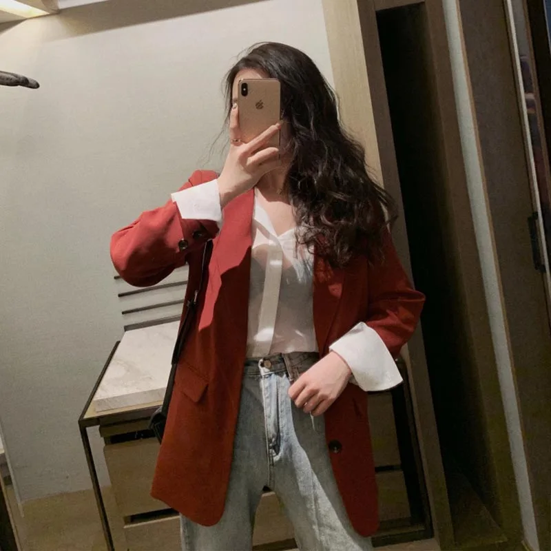 Candy Red Casual Office Blazer 2023 Women Korean Fashion Solid Colors Single Breasted Commute Blazer New Hot Sale Work Clothing