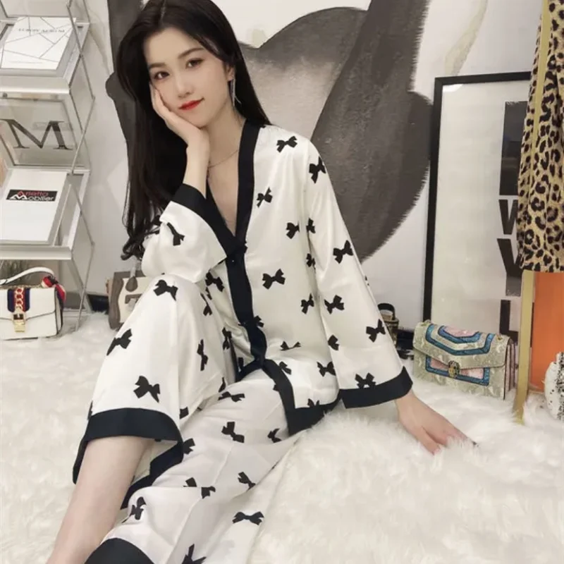 Plus Size Luxury Women Pajamas Set New Long Sleeves Trousers Sexy Robe Homewear Thin Pajamas Sleepwear