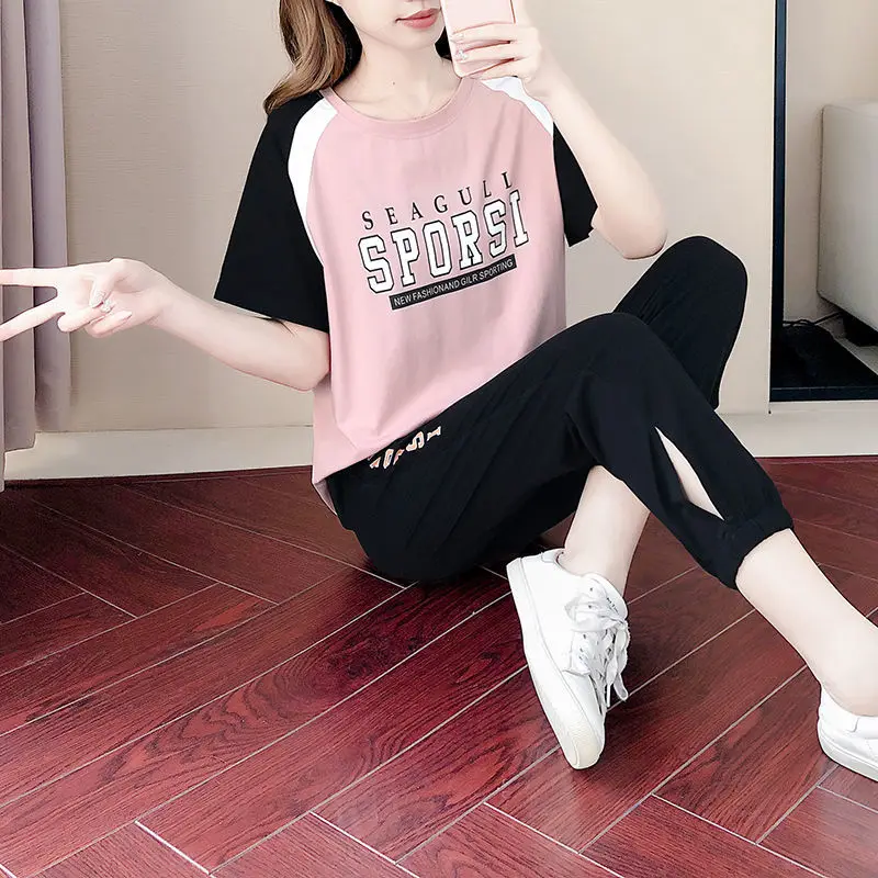 

Puku Juzg Sportswear Summer New Korean Short Sleeved Gym Top Running Pants Loose Fashion Leisure Two-piece Workout Clothes Set