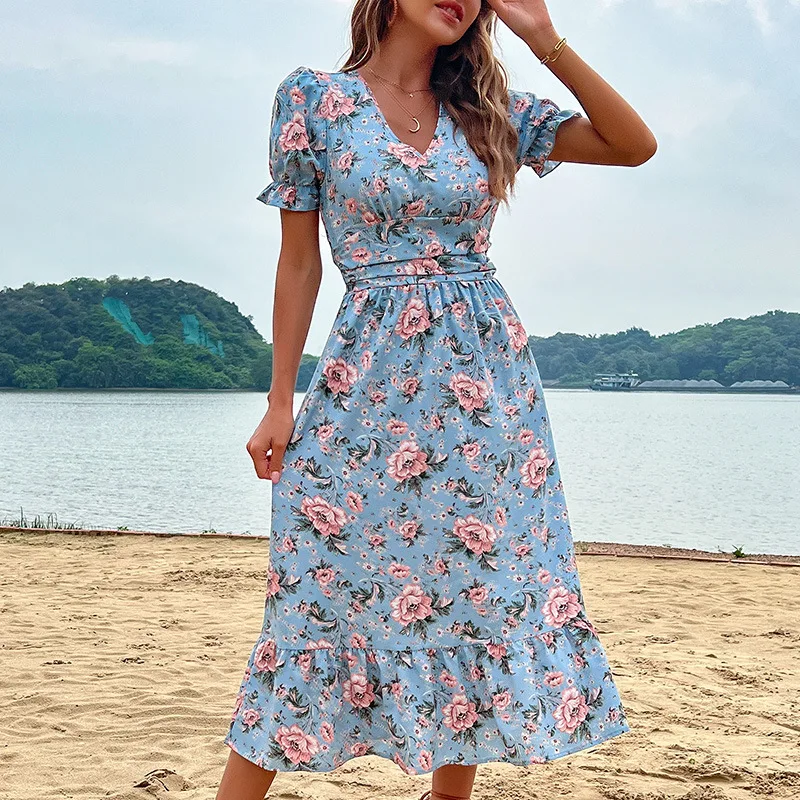 

Blue Floral Print Boho Dress Summer V Neck Ruffle Short Sleeve Casual Beach Dress for Women Slim Fit Pleated Elegant Midi Dress