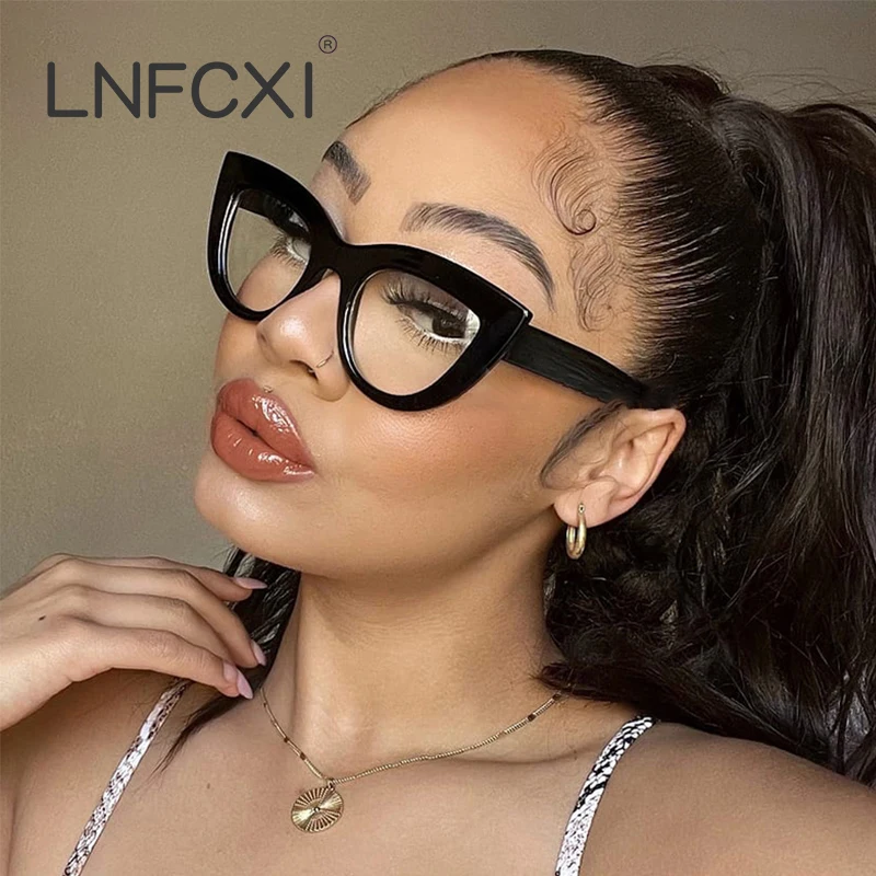 

LNFCXI Women's Cat Eye Glasses Frame New Fashion Transparent Eyeglasses Woman Retro Optical Clear Lens Spectacle Eyeglass Female