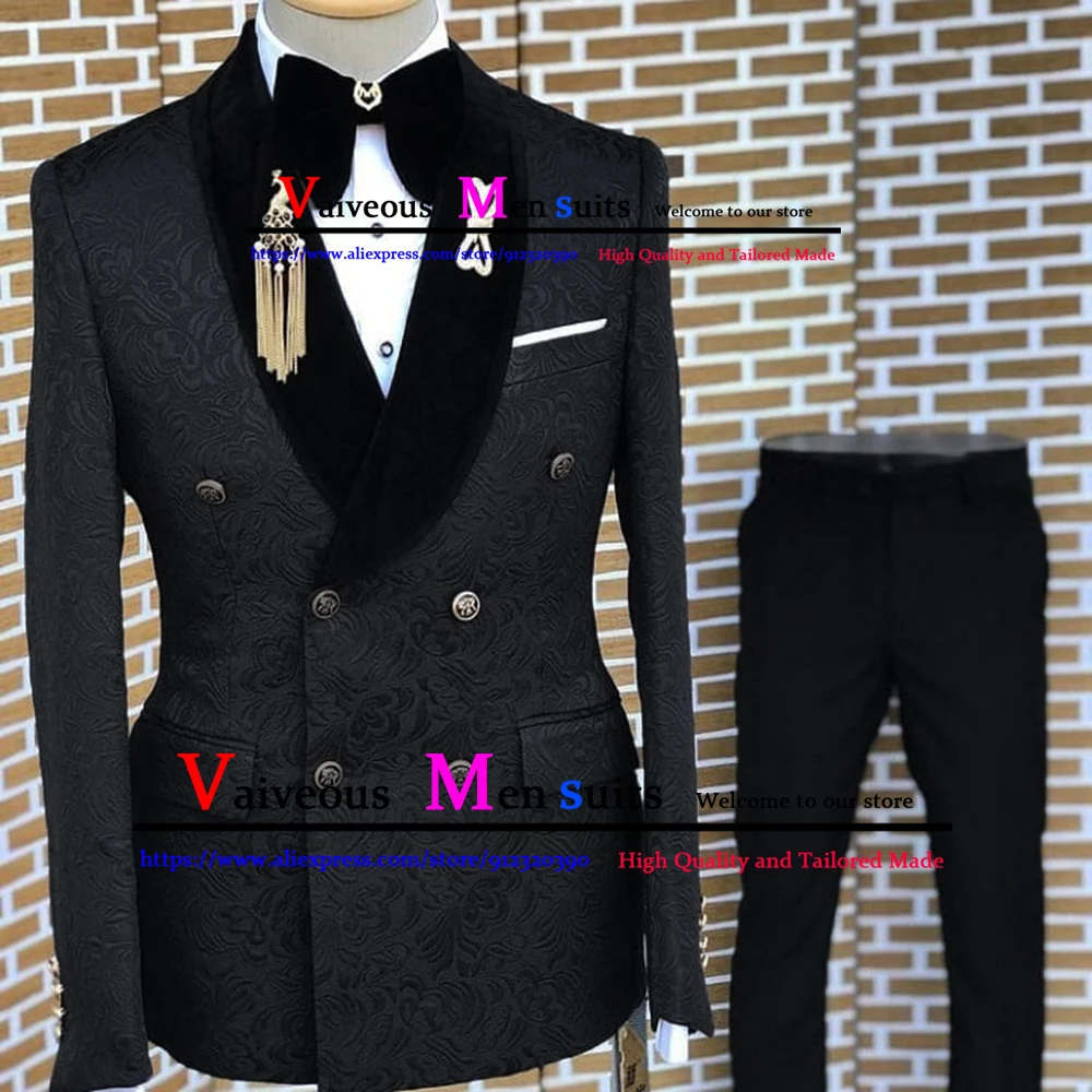 

Luxury Black Jacquard Men Suit Slim Fit Double Breasted Wedding Suits For Men Formal Prom Suits Tuxedo 3 Pieces Blazer Vest Pant