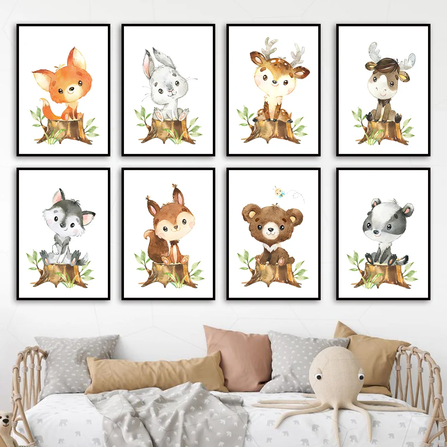 

Fox Bunny Deer Bear Wolf Raccoon Woodland Nursery Wall Art Print Canvas Painting Nordic Poster Wall Picture Baby Kids Room Decor