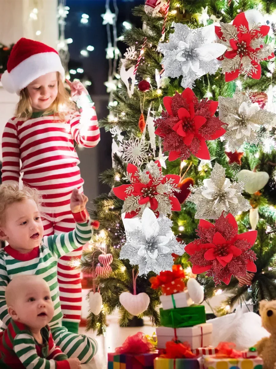 Блестящие искусственные рождественские цветы Золото Серебро Блестящий порошок