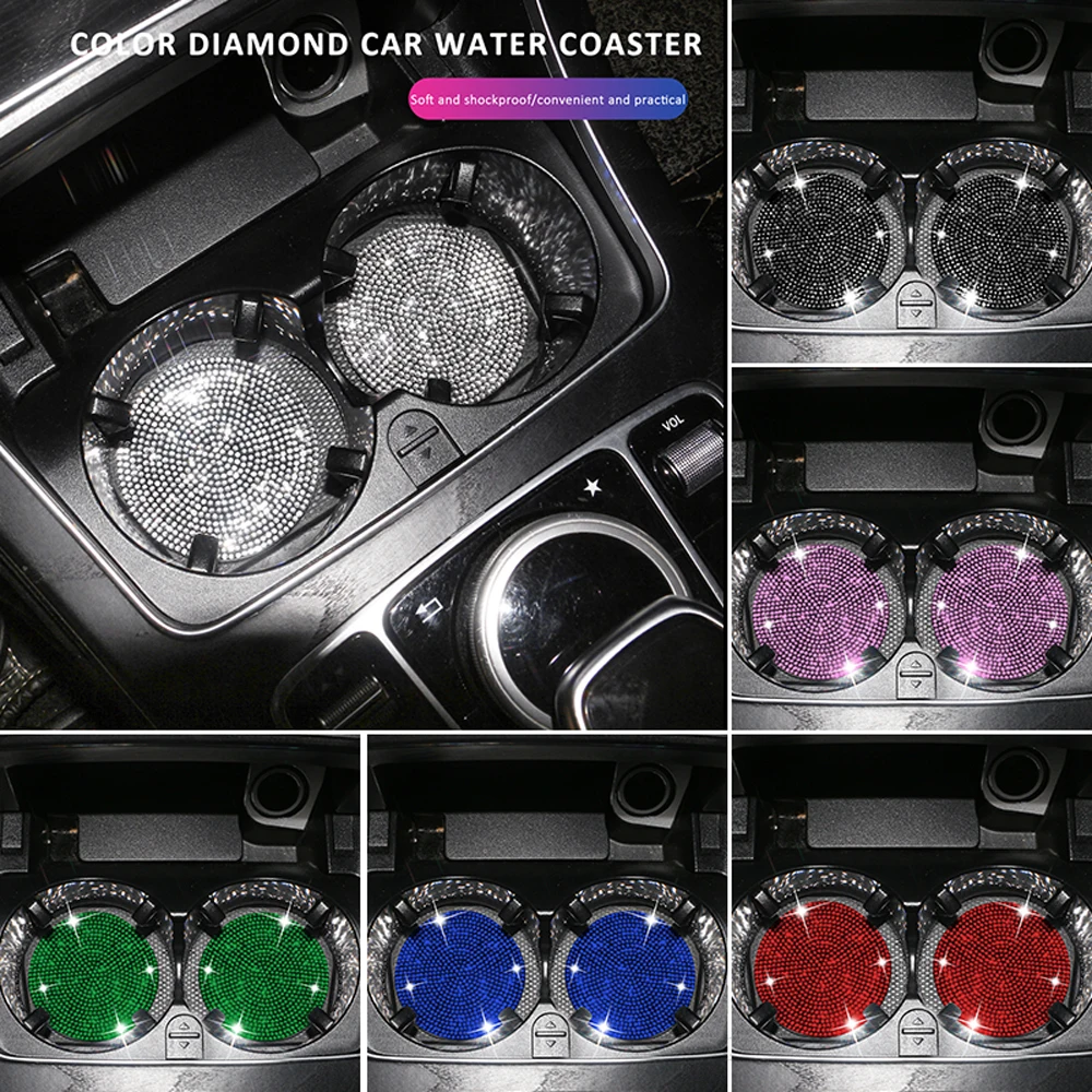 

2PCS Diamond Car Coaster Water Cup Slot Non-Slip Mat Silica Gel Pad Cup Holder Mat Car Gadget Bling Car Accessories for Woman