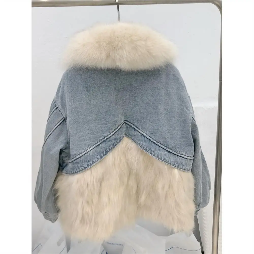 New Winter Faux Fur Coat Women's Basic Sweet Fox Fur Collar Denim Jackets Overcoat Thick Warm Bomber Female Jeans Jacket Tops