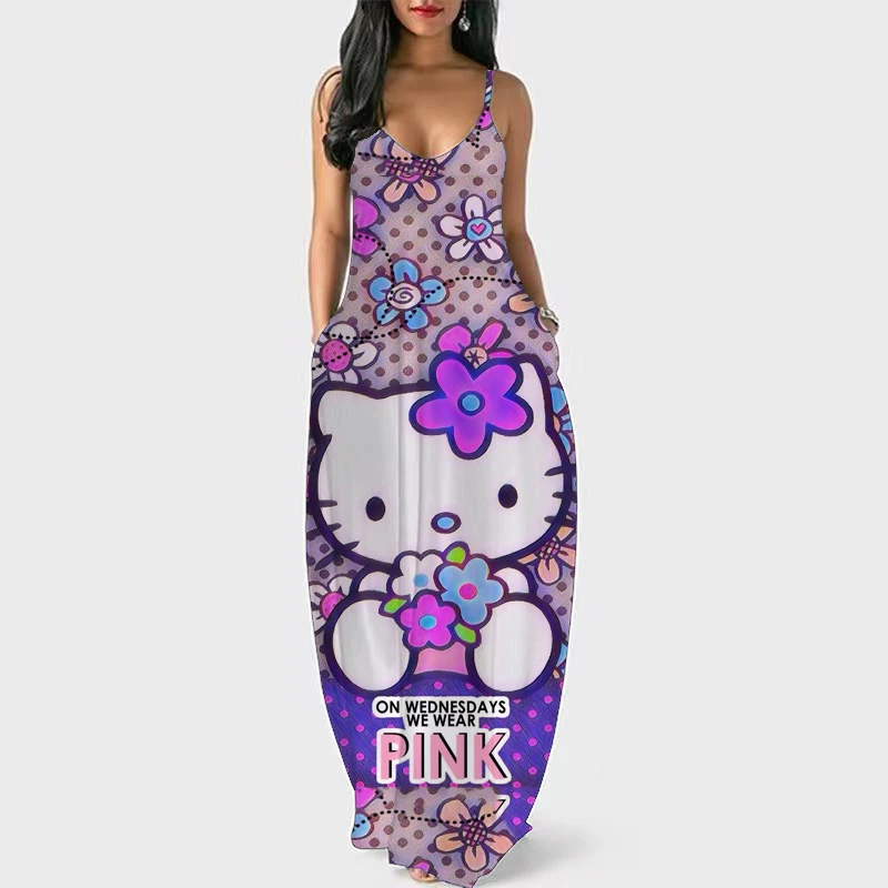 

Summer 2022 Women's Loose V Neck Hello Kitty Print Sleeveless Sweater Long Off Shoulder Beach Party Outfit