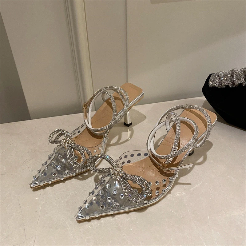 Rhinestone Bow Pointed Toe Satin Sandals Summer New Bright Stiletto High Heels Women's Sandals Straps All-Match Buckle Shoes