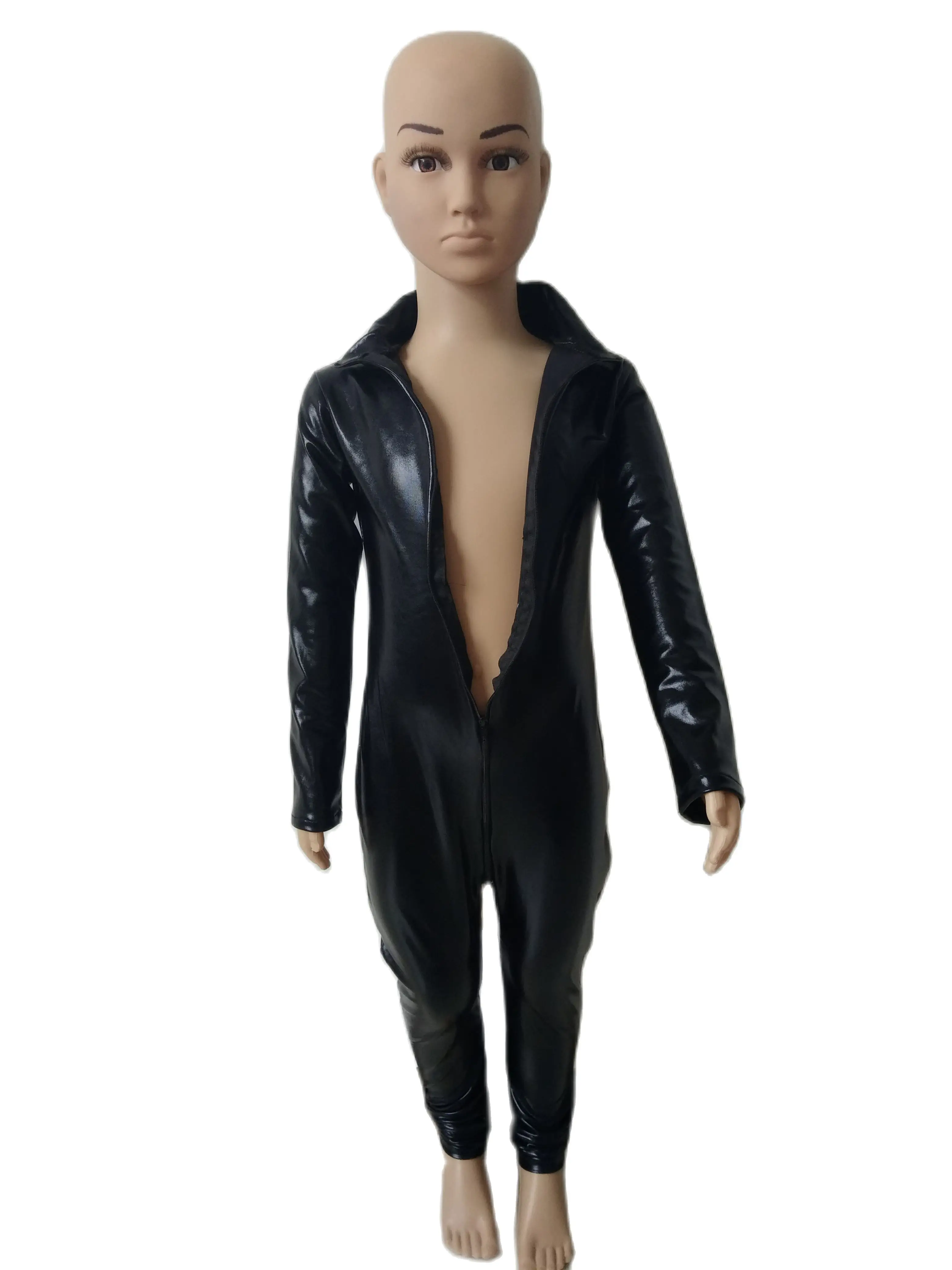 Детский черный блестящий металлический косплей костюм кошки трико с двойной