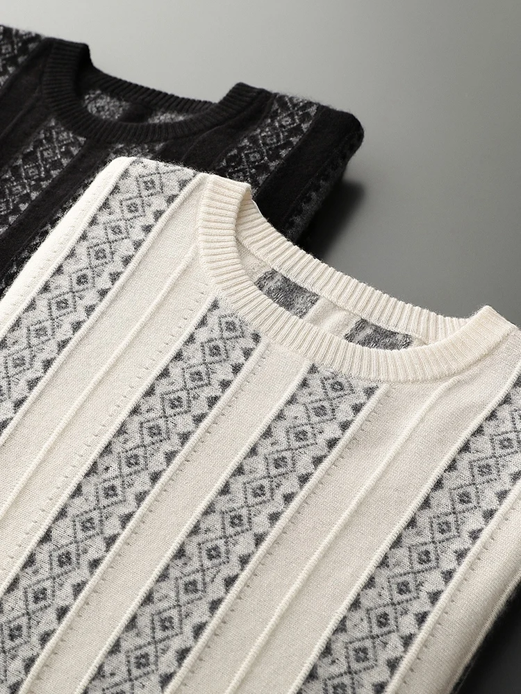 Autumn and Winter 2023 New Men's Round Neck Diamond Stripe 100% Cashmere Sweater Knitted Pullover