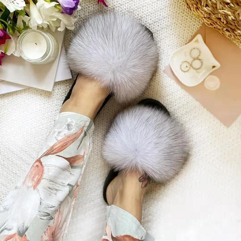 

Slippers Women Luxury Fluffy Real Fox Fur Slipper Women Home Big Fur Slides For Women Summer Shoes Women Flat Sandals Wholesale
